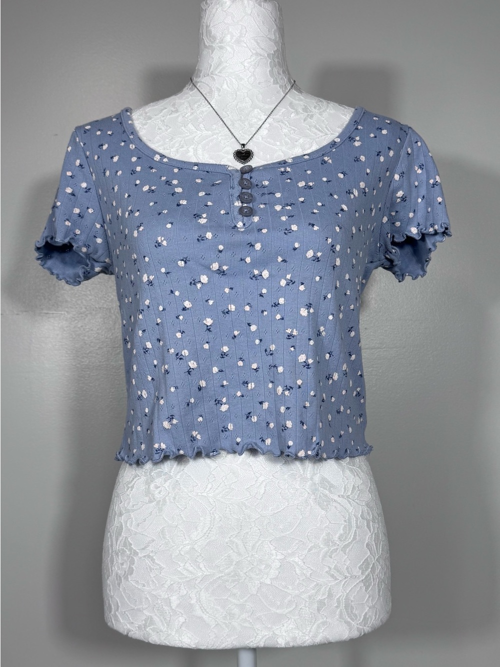 Blue Floral Crop Top with Button Detail
